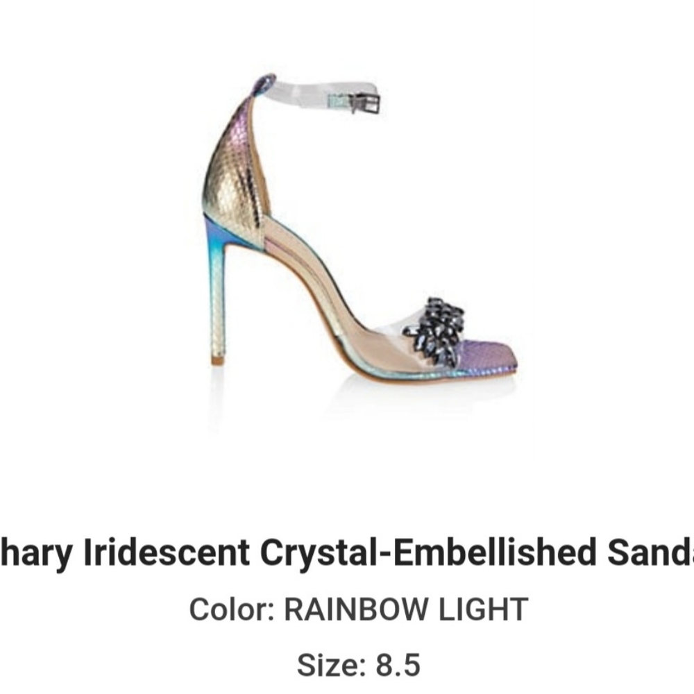 Shary Iridesent Chrystal-Embellished Sandals.  Rainbow light.  Size 8.5. Saks.